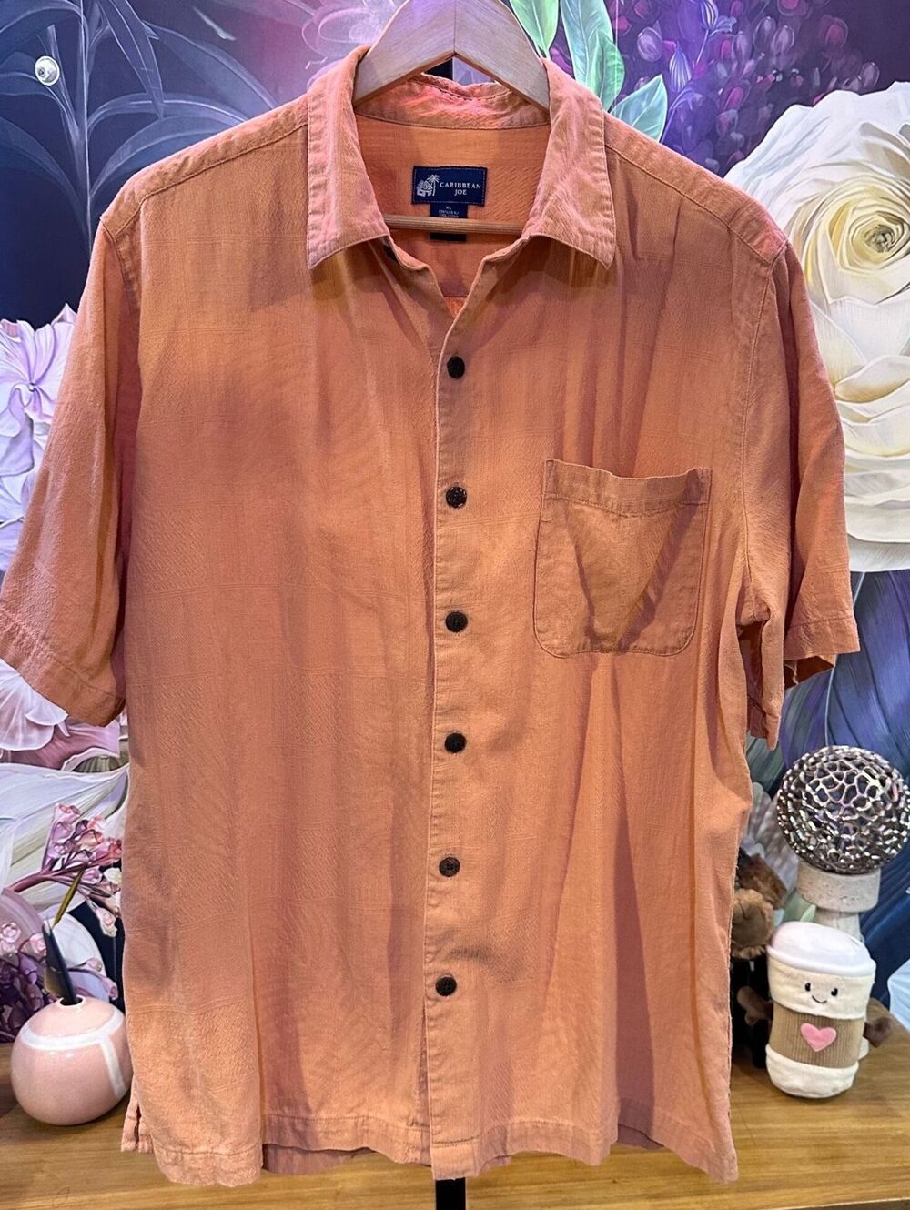 Caribbean Joe XL 100% Silk Camp Shirt Jacquard Resort Hawaiian Terracotta